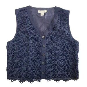Ann Taylor Vest Women Size Medium Petite Blue Wool Vintage Embroidered